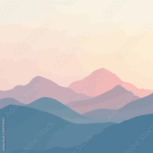 Pastel-toned mountain range landscape at sunrise or sunset.