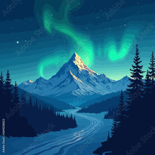 Serene mountain landscape at night, illuminated by vibrant aurora borealis.
