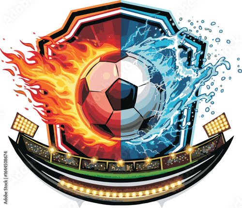 A dynamic soccer ball split between fiery flames and cool water splashes, set within a shield above a stadium.
