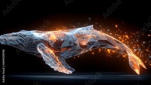 Abstract geometric whale disintegrating into particles in dark space