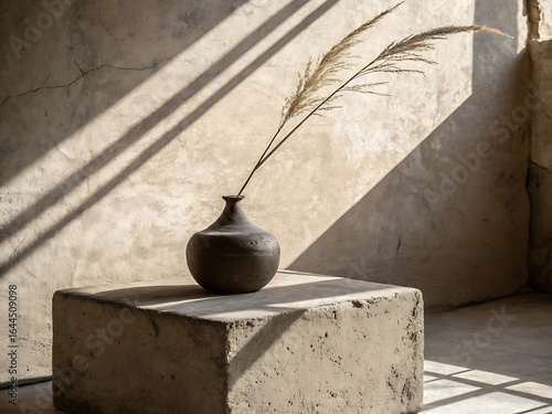 Wallpaper Mural A minimalist still life featuring a dark textured vase holding dried grass stalks placed on a concrete cube bathed in dramatic natural sunlight creating geometric shadows across a textured wall Torontodigital.ca