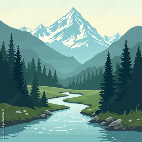Serene illustration depicting a mountain landscape with a meandering river, trees, and snow-capped peaks.