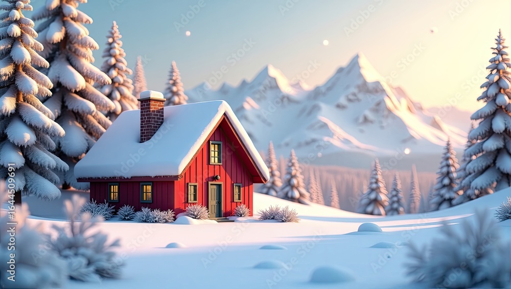 Fototapeta premium A picturesque winter scene with a cozy red cabin nestled in snowy mountains.