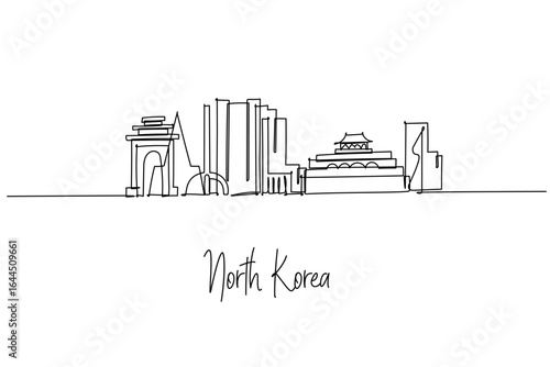 Minimal continuous line drawing of North Korea city skyline with Pyongyang landmarks Ryugyong Hotel Juche Tower Arch of Triumph and pavilions clean vector outline for travel design and souvenirs