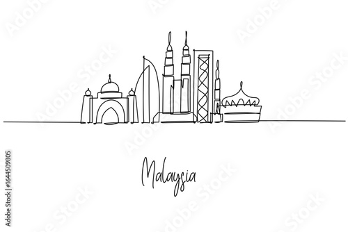 Malaysia city skyline of Kuala Lumpur in a one line drawing featuring Petronas Twin Towers, KL Tower, Merdeka 118 and Putra Mosque, a city skyline concept for travel posters and minimalist decor.