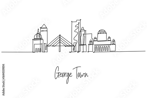 George Town Penang city skyline in a continuous line drawing highlighting KOMTAR, Penang Bridge and heritage temples, a city skyline concept themed for Malaysia travel posters and minimalist decor.
