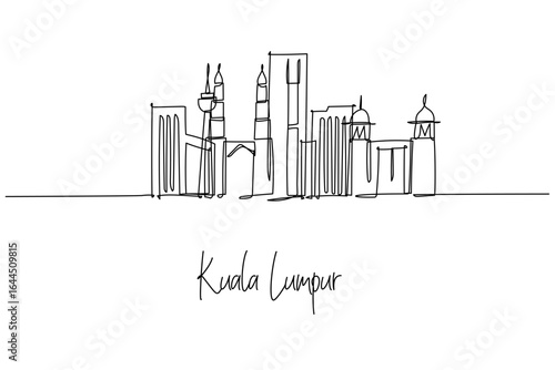 Kuala Lumpur Malaysia city skyline in a continuous line drawing featuring Petronas Twin Towers KL Tower Merdeka 118 and Sultan Abdul Samad Building, themed for travel art and minimalist decor.