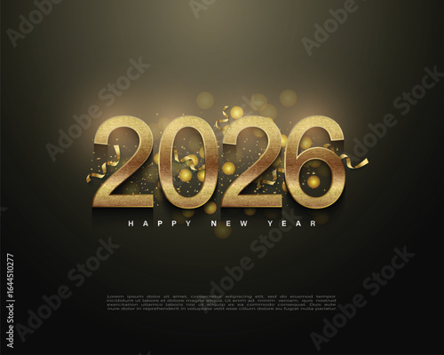 New Year 2026 design with illustration of ribbon decoration and gold sprinkles. premium vector design for posters, banners and new year 2026 celebrations.