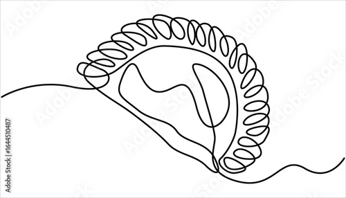 delicious Gujiya continuous one line drawing, Indian Sweet (Gojiya) Icon In Stroke Style, Russian dish dumplings food illustration.
