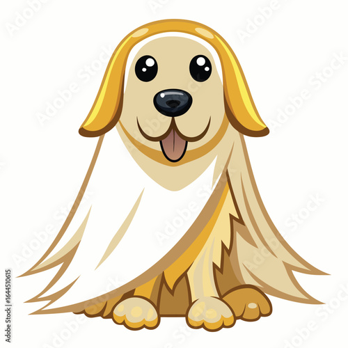Adorable cartoon golden retriever dog sitting with a white sheet draped over its head and body Keywords: dog, golden retriever, puppy, cute, cartoon, animal, pet, canine, friendly, happy, playful