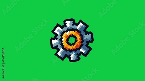 Pixel art of a gear icon spinning, animated loop