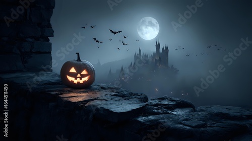 Eerie glowing pumpkin on a broken stone wall, haunted castle glowing faintly in moonlight, bats soaring in the misty air