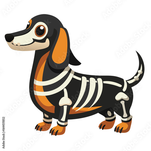 Cartoon dachshund dog in a black skeleton costume with white bones on a white background halloween