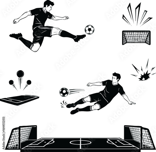 A set of black and white vector illustrations showing soccer players in action, goals, and game elements.