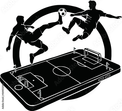 Silhouetted soccer players in mid-air over a smartphone displaying a football field, representing mobile gaming.