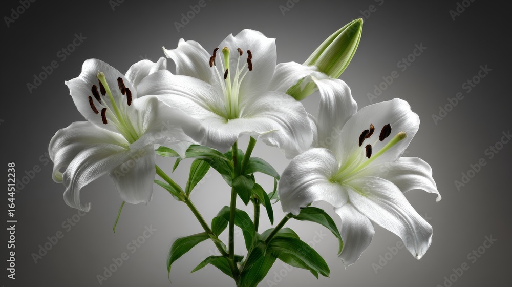 Fototapeta premium The image features white lilies with green leaves on a background that is light