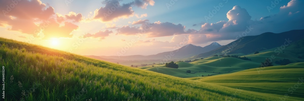 Fototapeta premium Lush green hills at sunset.