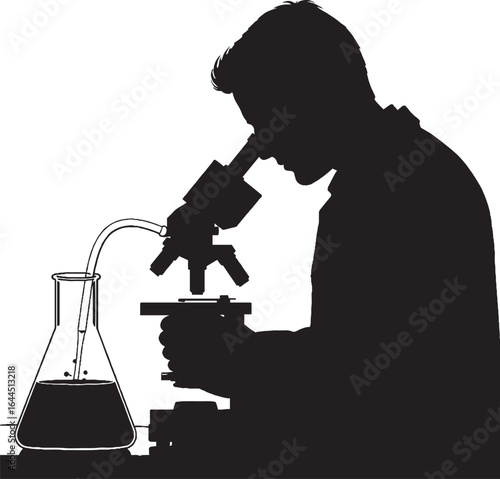 Scientist with Microscope and Flask Silhouette, Laboratory Research Vector