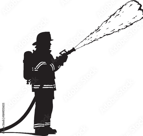 Firefighter Spraying Water with Hose Silhouette Vector Graphic