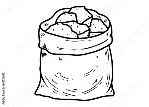 Hand drawn vector sketch of a gunny sack filled with rock sugar