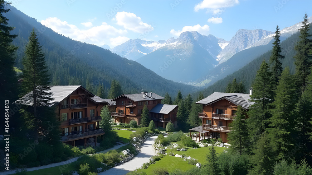 Fototapeta premium Picturesque Mountain Village Scenic View Luxurious Wooden Chalets Alpine Setting Green Lawns Rocky Pathway Majestic Mountains Coniferous Trees Summer Day Blue Sky White Clouds