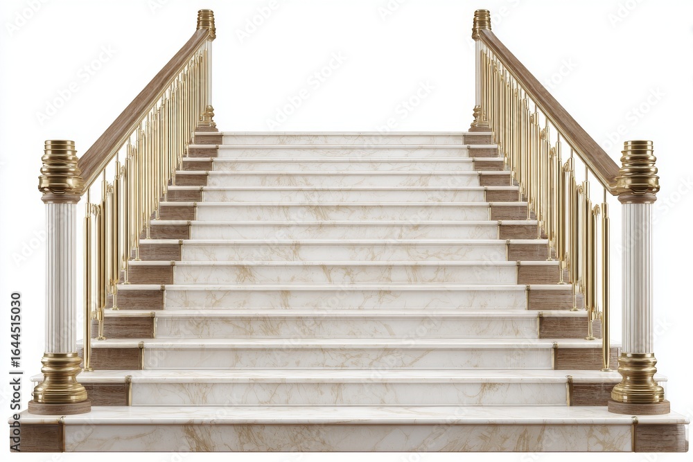 Fototapeta premium In the image, a marble staircase accompanied by stone stairs is located inside a building, isolated on a transparent backdrop