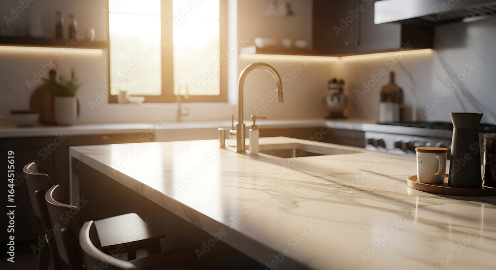 Fototapeta premium Modern Kitchen Island with Marble Countertop and Faucet.