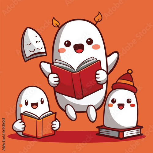 Three cute cartoon ghosts reading books on an orange background Keywords: ghost, cute, cartoon, reading, book, books, story, learning, education, knowledge, children, kids, character, illustration