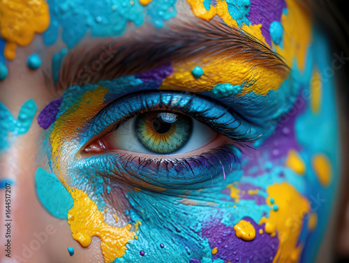 Close-Up of a Woman's Face with Vibrant Blue and Yellow Paint Splatters Creating an Artistic and Expressive Look for Beauty and Creative Concepts