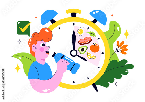 Intermittent Fasting Vector Illustration featuring a Clock Face Symbolizing the Principle of Eating Time and Exercise in a Dieting Flat Background