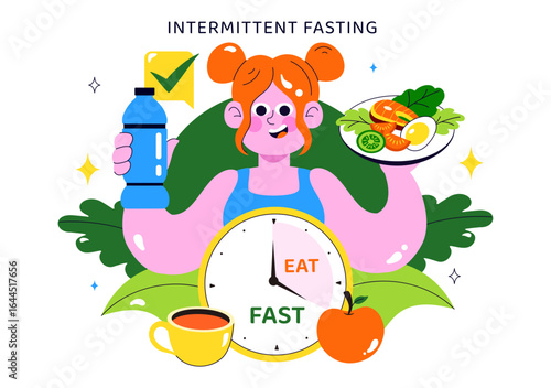 Intermittent Fasting Vector Illustration featuring a Clock Face Symbolizing the Principle of Eating Time and Exercise in a Dieting Flat Background
