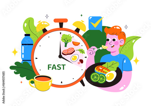 Intermittent Fasting Vector Illustration featuring a Clock Face Symbolizing the Principle of Eating Time and Exercise in a Dieting Flat Background