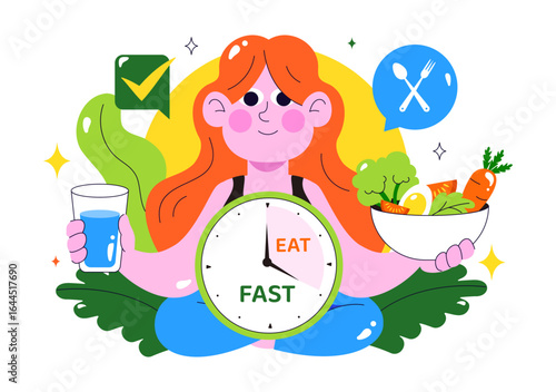 Intermittent Fasting Vector Illustration featuring a Clock Face Symbolizing the Principle of Eating Time and Exercise in a Dieting Flat Background