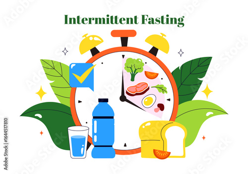 Intermittent Fasting Vector Illustration featuring a Clock Face Symbolizing the Principle of Eating Time and Exercise in a Dieting Flat Background