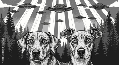 A pair of startled cartoon pugs look up in fear at UFOs filling the sky during a nighttime alien invasion in this black and white vector graphic.