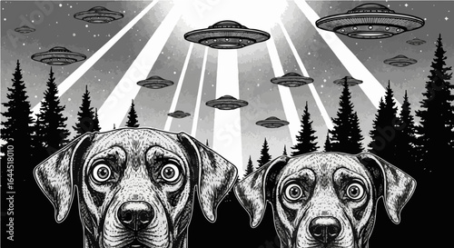 A black and white vector illustration of two pugs with shocked expressions as a fleet of UFOs invades the sky above a forest, shining down beams of light.