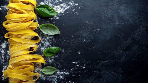 Fresh yellow pasta with basil leaves on dark background