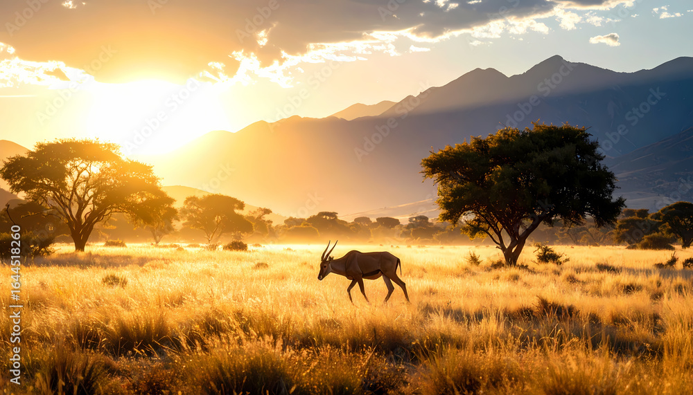 Naklejka premium Antelope silhouette sunrise savanna