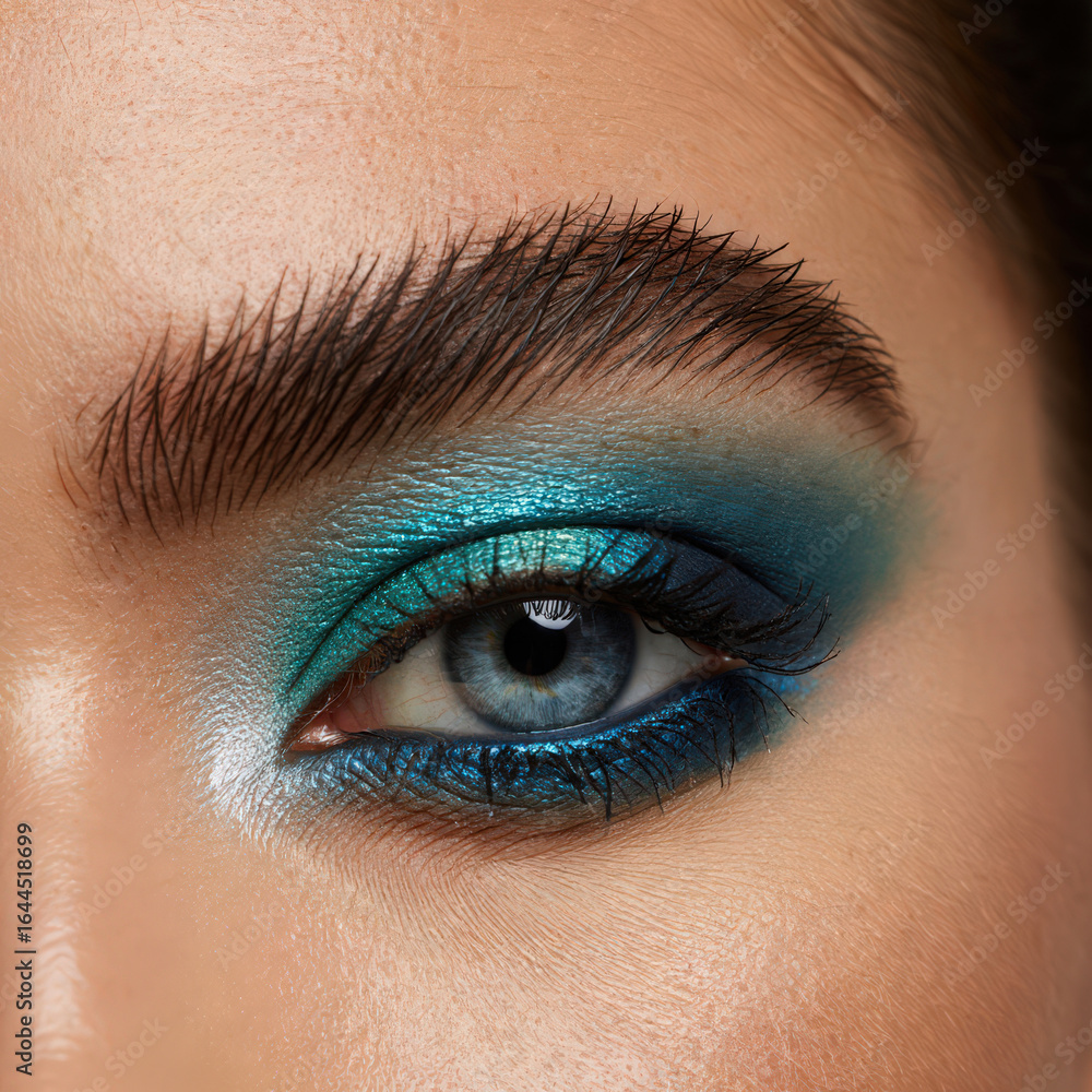 Naklejka premium Close-Up of a Woman's Eye with Teal and Blue Eyeshadow, Showcasing a Bold and Dramatic Makeup Look for Beauty and Cosmetic Enthusiasts