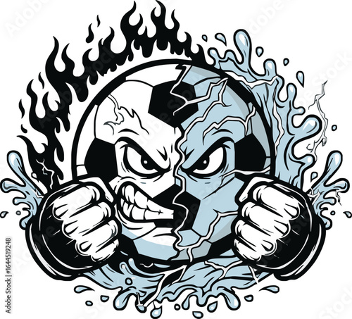 Dynamic illustration of a soccer ball split between fiery and watery halves, both with angry faces and fists.