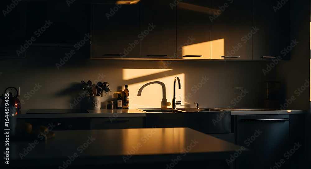 © makmurriansyah - Modern Kitchen Sink and Cabinets in Golden Light. © makmurriansyah - Modern Kitchen Sink and Cabinets in Golden Light.