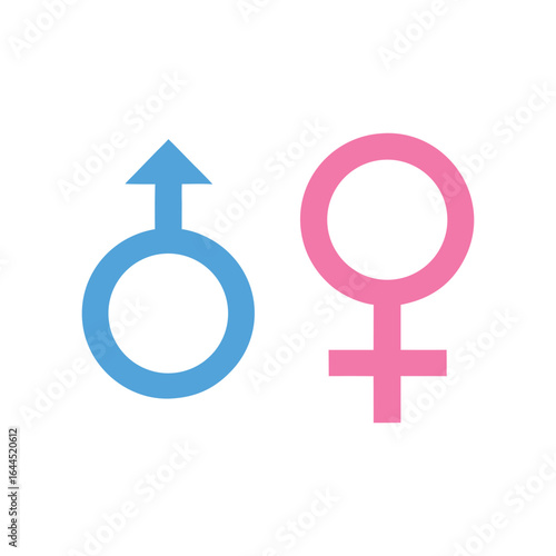 Masculine and feminine gender symbols with Mars and Venus icons representing a man and woman in a clean, conceptual design. High-quality vector art, illustration, icon, clipart on white background.