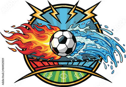 A dynamic soccer logo featuring a ball clashing with fire, water, and lightning elements over a stadium.