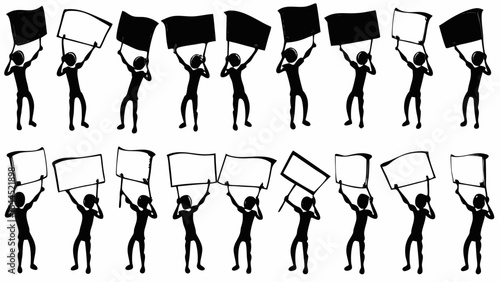 Illustration of multiple stick figures holding signs and flags in a protest demonstration march