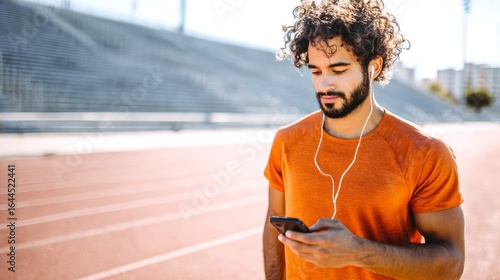 Young runner using phone and headphones at stadium. Curly sportsman listening to music during workout, morning run outdoors, sports and healthy lifestyle concept