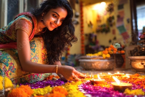 Smiling Indian woman celebrating Diwali at home - Hindu festival. Young woman using oil lamps and candles, festive season