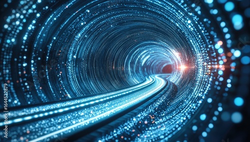 Digital tunnel, glowing with light, data streams
