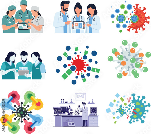 A collection of medical and scientific illustrations depicting doctors collaborating, scientists researching in a lab, and various stylized virus icons.