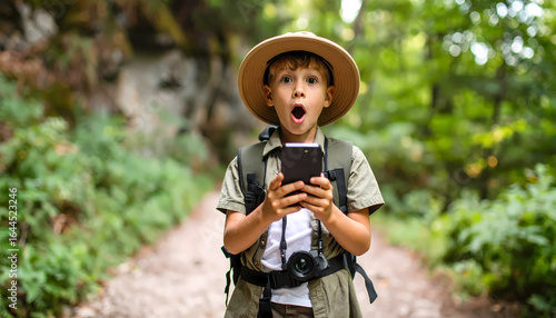 Excited boy holding smartphone outdoors