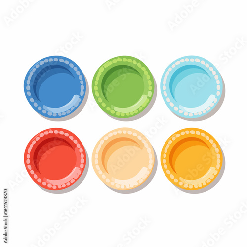 Vibrant flat vector illustration set featuring six colorful decorative plates or bowls, perfect for dining, parties, or kitchen design elements, isolated on a white background.
